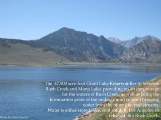 Photo by Chris Austin

The 47,500 acre-foot Grant Lake Reservoir lies in between
Rush Creek and Mono Lake, providing on-stream storage
for the waters of Rush Creek, as well as being the
termination point of the underground conduit bringing
water from the other diverted streams.
Water is either stored here, sent south to Los Angeles, or
released into Rush Creek.

 