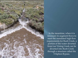 Photo courtesy of the Mono Lake Committee

In the meantime, when it is
necessary to augment flows to
meet the mandated high flow
requirements for Rush Creek, a
portion of the water diverted
from Lee Vining Creek can be
diverted into Rush Creek
through a structure called the
5-Siphon Bypass.

 