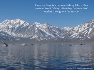 Crowley Lake is a popular fishing lake with a
premier trout fishery, attracting thousands of
anglers throughout the season.

Photo by flickr photographer vrkrebs.

 