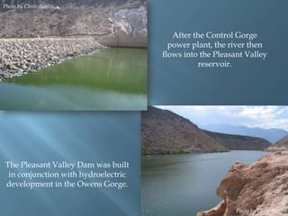 Photo by Chris Austin.

After the Control Gorge
power plant, the river then
flows into the Pleasant Valley
reservoir.

The Pleasant Valley Dam was built
in conjunction with hydroelectric
development in the Owens Gorge.

Photo by Chris Austin.

 