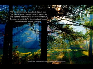 "Yet one smile more, departing, distant sun!
One mellow smile through the soft vapory air,
Ere, o'er the frozen earth, the loud winds run,
Or snows are sifted o'er the meadows bare...”
       -William Cullen Bryant, Autumn




                     “One Smile More” by dmcordell http://www.flickr.com/photos/dmcordell/6302182883/
 