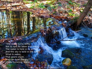 "The world turns softly
Not to spill its lakes and rivers,
The water is held in its arms
And the sky is held in the water.
What is water,
That pours silver,
And can hold the sky?"
-Hilda Conkling, Water

                     “What is Water? by dmcordell http://www.flickr.com/photos/dmcordell/5172616442/
 