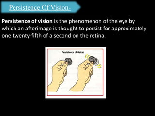 Persistence Of Vision-
Persistence of vision is the phenomenon of the eye by
which an afterimage is thought to persist for approximately
one twenty-fifth of a second on the retina.
 