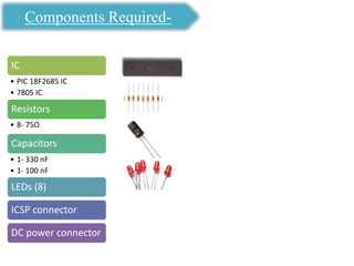 Components Required-
IC
• PIC 18F2685 IC
• 7805 IC
Resistors
• 8- 75Ω
Capacitors
• 1- 330 nF
• 1- 100 nF
LEDs (8)
ICSP connector
DC power connector
 