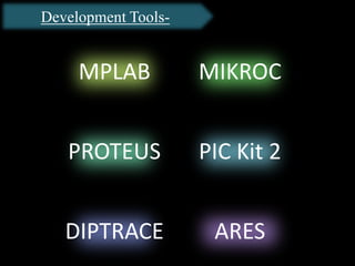 Development Tools-
MPLAB MIKROC
PROTEUS PIC Kit 2
DIPTRACE ARES
 
