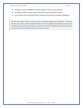 Pediatric ICU (PICU) Excellence Manual Dr J L Meena
Pediatric ICU (PICU) Excellence Manual – Dr J L Meena | Page 13
● Complete, accurate, and NABH/JCI-compliant pediatric critical care documentation.
● All significant pediatric adverse events reviewed with documented RCA and CAPA.
● Full compliance with national child health standards and international accreditation guidelines.
The PICU team protects children across the entire, continuously shifting span of childhood — their early
warning score vigilance catches deterioration before crisis, their weight-based medication precision spans
a thirtyfold range of patient size without ever wavering, and their developmentally aware care protects
not only survival but the childhood that continues after discharge.
 