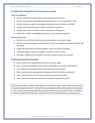 Pediatric ICU (PICU) Excellence Manual Dr J L Meena
Pediatric ICU (PICU) Excellence Manual – Dr J L Meena | Page 20
8. Professional Competence and Continuous Learning
Areas of Competence
● Pediatric advanced life support (PALS) and age-appropriate resuscitation.
● Pediatric pharmacology and weight-based dosing precision across the full paediatric range.
● Pediatric respiratory support methodology, including mechanical ventilation and ECMO.
● Developmentally appropriate pain, sedation, and delirium assessment.
● Pediatric sepsis, shock, and status asthmaticus/epilepticus management.
● FMEA, RCA, and CAPA methodologies for pediatric-specific quality improvement.
Continuous Learning
● Maintain current PALS certification and equivalent pediatric resuscitation training.
● Maintain current knowledge of evolving pediatric critical care evidence and guidelines (SCCM, AAP,
IAP, WHO).
● Engage with national and international pediatric critical care professional bodies.
● Participate regularly in pediatric emergency simulation and skills training.
● Participate in NABH and JCI accreditation training for pediatric critical care standards.
Professional Standards Checklist
● Have I verified current weight before every dose calculation today?
● Have I completed independent double-check for every high-alert medication administered?
● Have I applied age-appropriate PEWS monitoring for every patient today?
● Have I communicated in age-appropriate language with every child able to understand?
● Have I supported family-centered rounds and genuine parental partnership?
● Have I reported any incident or safety concern through the appropriate system?
PICU professionalism is precision that spans an extraordinary range of ages and sizes, held to an
unwavering vigilance standard — the team that never calculates a dose without verifying current weight,
never lets early warning monitoring lapse, and never forgets that every patient, however critically ill,
remains a developing child is the team every family in the unit's most frightening hours depends upon.
 