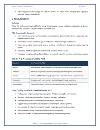 Pediatric ICU (PICU) Excellence Manual Dr J L Meena
Pediatric ICU (PICU) Excellence Manual – Dr J L Meena | Page 26
● Extend Compassion to Siblings and Extended Family: The whole family navigates this experience
alongside the parents and child.
5. ACCOUNTABILITY
Definition
Taking full professional responsibility for every clinical decision, every medication calculation, and every
developmental care action taken for children under PICU care.
PICU Accountability Standards
● Every clinical assessment and medication administration is documented with the responsible team
member's identification.
● Never allow a known monitoring gap or medication safety lapse to go unaddressed.
● Report every critical incident and adverse pediatric event honestly through the quality reporting
system.
● Participate in RCA for significant incidents with complete clinical honesty.
● Participate in quality audits and accreditation surveys with accurate, complete pediatric care records.
The R-T-A-C-A Framework in the PICU
Standard Core Focus in the PICU
Respect Developmental stage and parental partnership honoured across every age group
Timeliness Immediate early warning response; rapid sepsis/shock recognition and treatment
Accuracy Precise weight-based dosing, age-appropriate assessment, correct equipment sizing
Compassion Developmentally aware comfort; sustained support through uncertainty
Accountability Every decision owned and documented; every incident honestly reviewed
Daily Quality Standards Checklist for the PICU
● Verify current weight and apply age-appropriate PEWS monitoring for every patient.
● Complete independent double-check for every high-alert medication.
● Apply age-appropriate pain and delirium assessment consistently.
● Support family-centered rounds and communicate honestly with every family.
● Communicate directly with every child capable of age-appropriate understanding.
● Document every clinical assessment and intervention completely.
● Report any incident or safety concern through the quality reporting system.
 