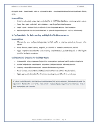 Pediatric ICU (PICU) Excellence Manual Dr J L Meena
Pediatric ICU (PICU) Excellence Manual – Dr J L Meena | Page 29
corrupted, direct patient safety harm in a population with a uniquely wide and precision-dependent dosing
range.
Responsibilities
● Use only authorized, unique login credentials for all EMR/HIS and pediatric monitoring system access.
● Never share login credentials with colleagues, regardless of workload pressure.
● Never connect personal devices to hospital clinical networks without IT authorization.
● Report any suspected unauthorized access or cybersecurity anomaly to IT security immediately.
5. Confidentiality for Safeguarding and High-Profile Circumstances
Responsibilities
● Maintain the same confidentiality standard for high-profile or notorious patients as for every other
patient.
● Never disclose patient identity, diagnosis, or condition to media or unauthorized persons.
● Apply heightened discretion for cases involving suspected abuse, custody disputes, or other legally
sensitive family circumstances.
Confidentiality Checklist for the PICU Team
● Use available privacy measures for sensitive conversations, particularly with adolescent patients.
● Handle safeguarding concerns with heightened confidentiality per statutory protocol.
● Use only authorized credentials for EMR/HIS and monitoring systems.
● Never connect personal devices to hospital clinical networks without IT authorization.
● Apply appropriate discretion for chronic complex diagnoses and family circumstances.
In the PICU, confidentiality must be actively maintained across an extraordinary developmental range, for
information that touches some of the most sensitive medical, legal, and family circumstances a child or
their parents may ever confront.
 