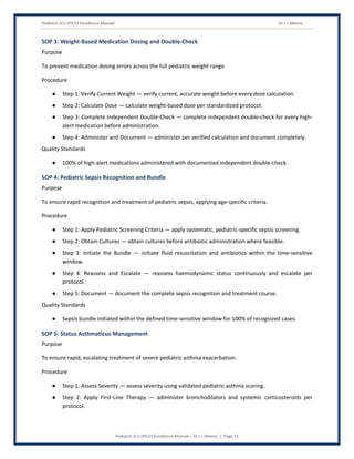 Pediatric ICU (PICU) Excellence Manual Dr J L Meena
Pediatric ICU (PICU) Excellence Manual – Dr J L Meena | Page 31
SOP 3: Weight-Based Medication Dosing and Double-Check
Purpose
To prevent medication dosing errors across the full pediatric weight range.
Procedure
● Step 1: Verify Current Weight — verify current, accurate weight before every dose calculation.
● Step 2: Calculate Dose — calculate weight-based dose per standardized protocol.
● Step 3: Complete Independent Double-Check — complete independent double-check for every high-
alert medication before administration.
● Step 4: Administer and Document — administer per verified calculation and document completely.
Quality Standards
● 100% of high-alert medications administered with documented independent double-check.
SOP 4: Pediatric Sepsis Recognition and Bundle
Purpose
To ensure rapid recognition and treatment of pediatric sepsis, applying age-specific criteria.
Procedure
● Step 1: Apply Pediatric Screening Criteria — apply systematic, pediatric-specific sepsis screening.
● Step 2: Obtain Cultures — obtain cultures before antibiotic administration where feasible.
● Step 3: Initiate the Bundle — initiate fluid resuscitation and antibiotics within the time-sensitive
window.
● Step 4: Reassess and Escalate — reassess haemodynamic status continuously and escalate per
protocol.
● Step 5: Document — document the complete sepsis recognition and treatment course.
Quality Standards
● Sepsis bundle initiated within the defined time-sensitive window for 100% of recognized cases.
SOP 5: Status Asthmaticus Management
Purpose
To ensure rapid, escalating treatment of severe pediatric asthma exacerbation.
Procedure
● Step 1: Assess Severity — assess severity using validated pediatric asthma scoring.
● Step 2: Apply First-Line Therapy — administer bronchodilators and systemic corticosteroids per
protocol.
 