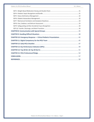 Pediatric ICU (PICU) Excellence Manual Dr J L Meena
Pediatric ICU (PICU) Excellence Manual – Dr J L Meena | Page 6
SOP 3: Weight-Based Medication Dosing and Double-Check.........................................................................31
SOP 4: Pediatric Sepsis Recognition and Bundle.............................................................................................31
SOP 5: Status Asthmaticus Management .......................................................................................................32
SOP 6: Diabetic Ketoacidosis Management....................................................................................................32
SOP 7: Mechanical Ventilation and Extubation Readiness .............................................................................33
SOP 8: Pain, Sedation, and Delirium Assessment ...........................................................................................33
SOP 9: Safeguarding and Non-Accidental Injury Recognition.........................................................................34
SOP 10: Transfer, Discharge, and Ward Transition.........................................................................................34
CHAPTER 8: Communication with Special Groups..............................................................................35
CHAPTER 9: Handling Difficult Situations ...........................................................................................38
CHAPTER 10: Emergency Response — Critical Pediatric Presentations.............................................42
CHAPTER 11: Digital Competency for the PICU Team ........................................................................45
CHAPTER 12: Daily PICU Checklist.......................................................................................................47
CHAPTER 13: Key Performance Indicators (KPIs)................................................................................49
CHAPTER 14: Top 20 Do's & Top 20 Don'ts.........................................................................................51
CHAPTER 15: PICU Professional Pledge...............................................................................................54
CONCLUSION........................................................................................................................................57
REFERENCES.........................................................................................................................................59
 