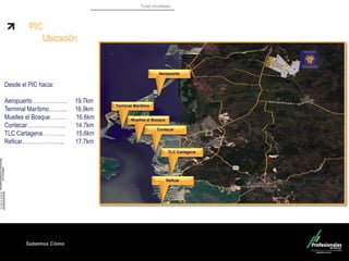 Fondo Inmobiliario
Sabemos Cómo
Desde el PIC hacia:
Aeropuerto ……………… 19.7km
Terminal Marítimo………. 16.9km
Muelles el Bosque……… 16.6km
Contecar………………… 14.7km
TLC Cartagena………… 15.6km
Reficar………………….. 17.7km
PIC
Ubicación
Muelles el Bosque
Aeropuerto
Contecar
TLC Cartagena
Reficar
Terminal Marítimo
 