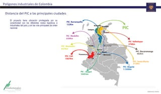 Polígonos	
  Industriales	
  de	
  Colombia	
  
662km
Distancia	
  del	
  PIC	
  a	
  las	
  principales	
  ciudades	
  
PIC – Ibagué
1044 km
El proyecto tiene ubicación privilegiada por su
conectividad con los diferentes nodos logísticos e
industriales del país y con las vías principales de orden
nacional.
	
  
 