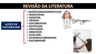 SUSPEITAR/DIAGNOSTICAR;
 INVESTIGAR;
 ASSISTIR;
 TRATAR;
 DOCUMENTAR;
 NOTIFICAR;
 PROTEGER;
 ORIENTAR;
 ACOLHER,
 APOIAR/ACOMPANHAR
 ENCAMINHAR.
AÇÕES DE
ENFERMAGEM
 
