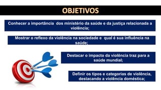 Mostrar o reflexo da violência na sociedade e qual é sua influência na
saúde;
Definir os tipos e categorias de violência,
destacando a violência doméstica;
Destacar o impacto da violência traz para a
saúde mundial;
Conhecer a importância dos ministério da saúde e da justiça relacionada a
violência;
 