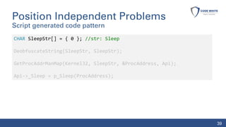 Position Independent Problems
Script generated code pattern
CHAR SleepStr[] = { 0 }; //str: Sleep
DeobfuscateString(SleepS...