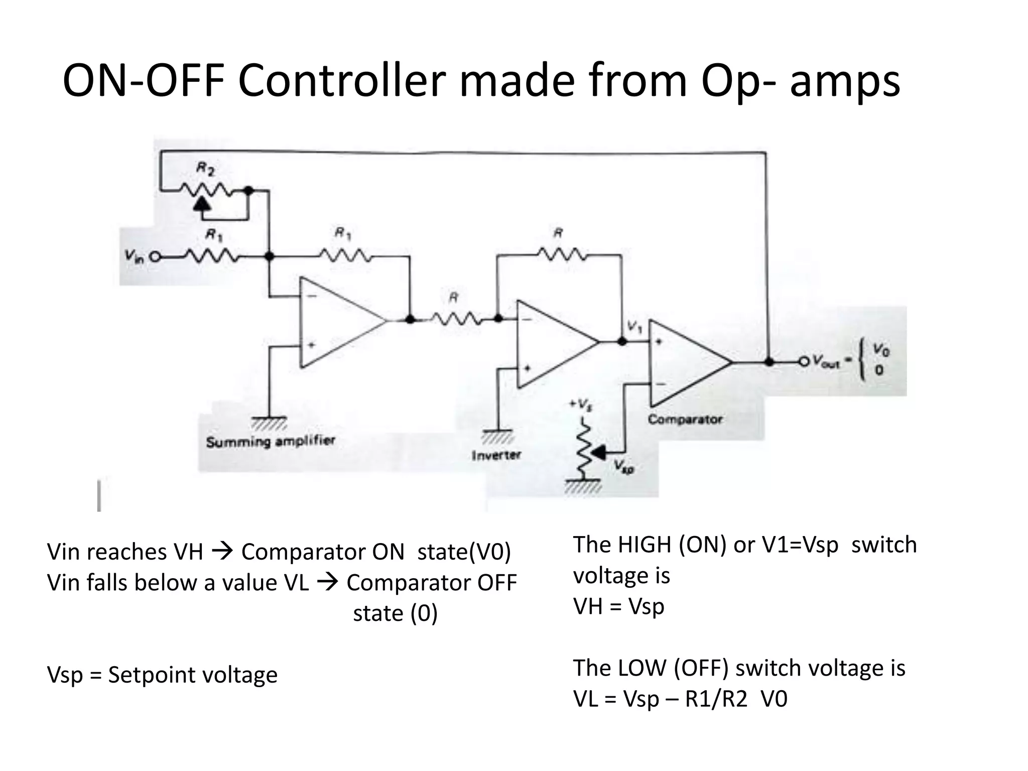 ON-OFF Controller made from Op- amps

Vin reaches VH  Comparator ON state(V0)
Vin falls below a value VL  Comparator OFF
state (0)

The HIGH (ON) or V1=Vsp switch
voltage is
VH = Vsp

Vsp = Setpoint voltage

The LOW (OFF) switch voltage is
VL = Vsp – R1/R2 V0

 