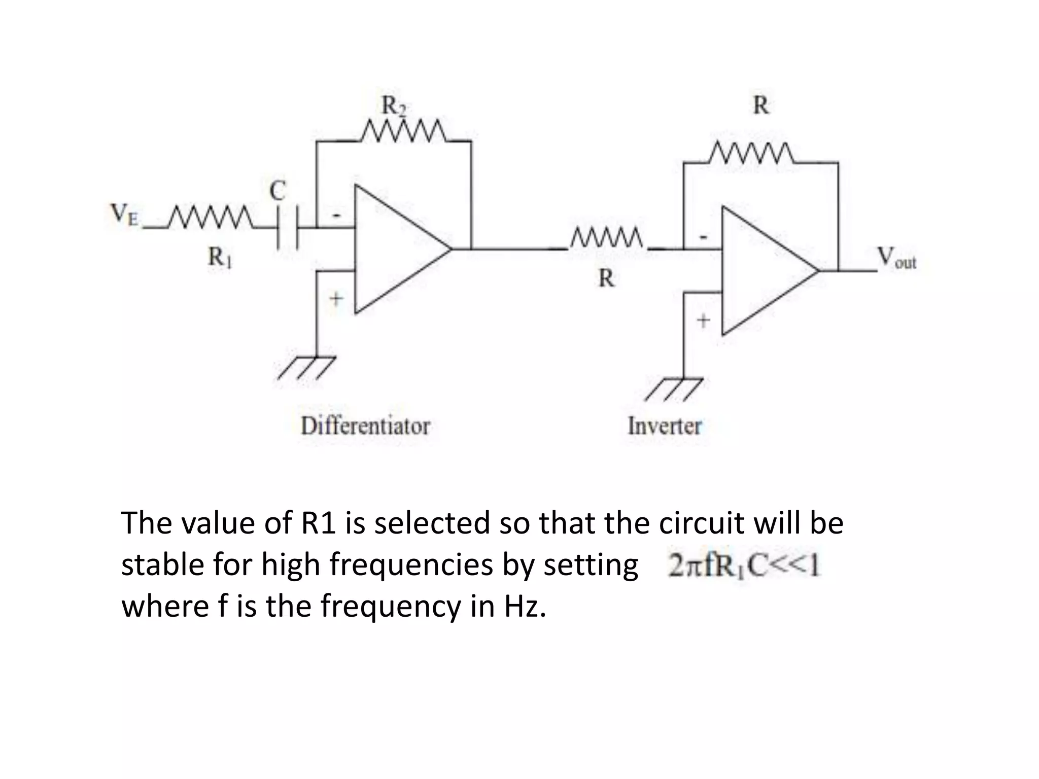 The value of R1 is selected so that the circuit will be
stable for high frequencies by setting
where f is the frequency in Hz.

 