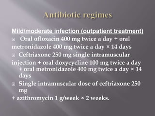 Pelvic tenderness and cervical excitation
during examination.
Tender adnexal or palpable pelvic mass.
Generalized sepsis in severe and systemic
infection.
Tubal damage leading to tubal occlusion,
abscess and hydrosalpinx
 