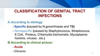 CLASSIFICATION OF GENITAL TRACT
INFECTIONS
2
A.According to etiology:
- Specific (caused by N.gonorrhoeae and TB)
- Nonspecific (caused by Staphyloccocus, Streptococus,
E.Coli, Proteus, Chlamydia trachomatis, Mycoplasma
hominis, viruses, etc.)
B.According to clinical picture:
- Acute
- Chronic
 