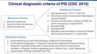 20
Clinical diagnostic criteria of PID (CDC 2015)
Minimum Criteria
1. Adnexal tenderness.
2. Cervical motion tenderness.
3. Uterine tenderness
Definitive Criteria
1. Endometrial biopsy with histopathologic evidence of endometritis;
2. Transvaginal sonography or magnetic resonance imaging techniques showing
thickened, fluid-filled tubes with or without free pelvic fluid or tubo-ovarian
complex, or Doppler studies suggesting pelvic infection (e.g., tubal hyperemia);
3. Laparoscopic findings consistent with PID.
Additional Criteria
1. Oral temperature >101°F (>38.3°C);
2. Abnormal cervical mucopurulent discharge or
cervical friability;
3. Presence of abundant numbers of WBC on
saline microscopy of vaginal fluid;
4. Elevated ESR;
5. Elevated CRP;
6. laboratory documentation of cervical infection
with N. gonorrhoeae or C. trachomatis.
 