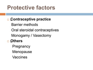 Protective factors
 „
Contraceptive practice
Barrier methods
Oral steroidal contraceptives
Monogamy / Vasectomy
 „
Other...