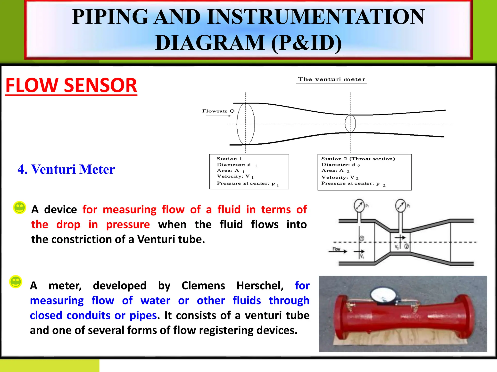 FLOW SENSOR
4. Venturi Meter
A device for measuring flow of a fluid in terms of
the drop in pressure when the fluid flows into
the constriction of a Venturi tube.
A meter, developed by Clemens Herschel, for
measuring flow of water or other fluids through
closed conduits or pipes. It consists of a venturi tube
and one of several forms of flow registering devices.
PIPING AND INSTRUMENTATION
DIAGRAM (P&ID)
 