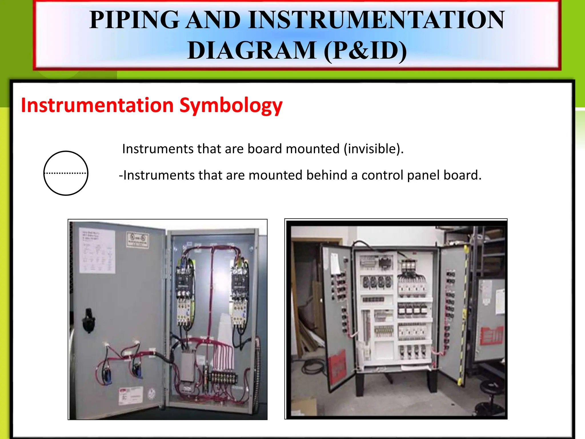Instrumentation Symbology
Instruments that are board mounted (invisible).
-Instruments that are mounted behind a control panel board.
PIPING AND INSTRUMENTATION
DIAGRAM (P&ID)
 