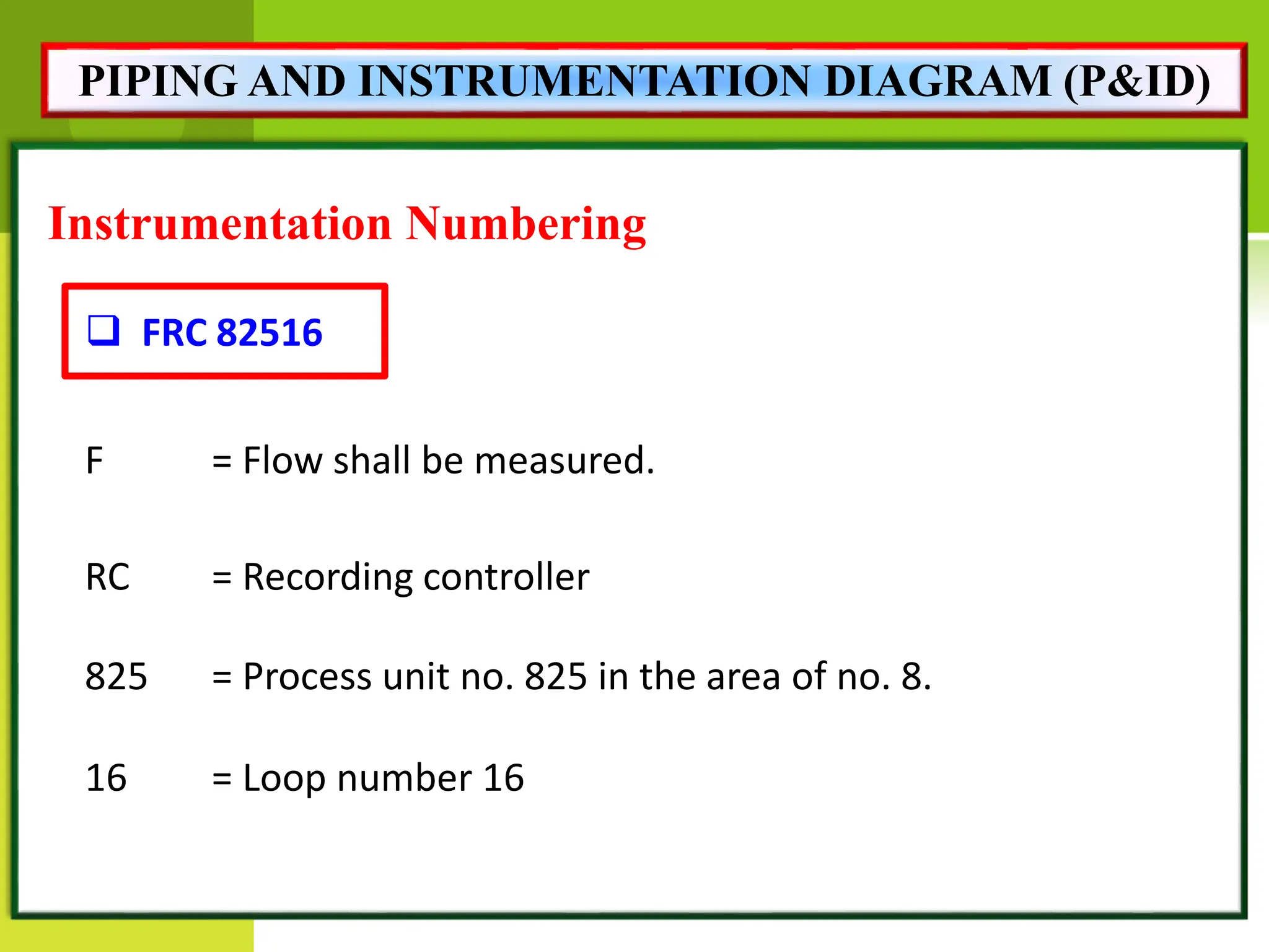 Instrumentation Numbering
 FRC 82516
F = Flow shall be measured.
RC = Recording controller
825 = Process unit no. 825 in the area of no. 8.
16 = Loop number 16
PIPING AND INSTRUMENTATION DIAGRAM (P&ID)
 