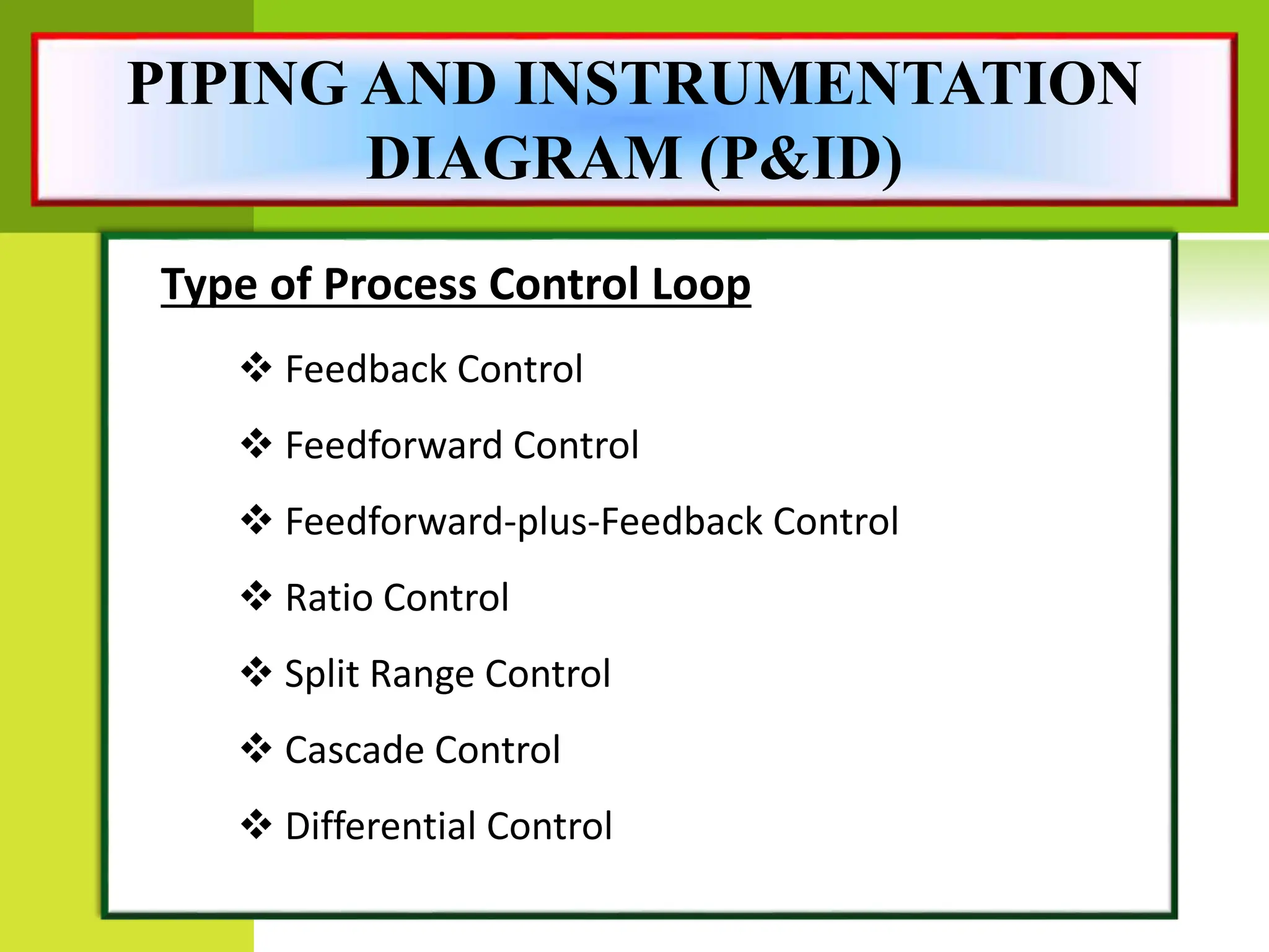 Type of Process Control Loop
 Feedback Control
 Feedforward Control
 Feedforward-plus-Feedback Control
 Ratio Control
 Split Range Control
 Cascade Control
 Differential Control
PIPING AND INSTRUMENTATION
DIAGRAM (P&ID)
 
