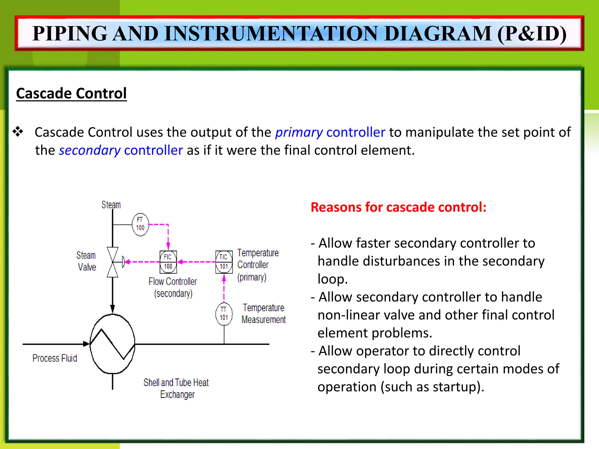 Cascade Control
 Cascade Control uses the output of the primary controller to manipulate the set point of
the secondary controller as if it were the final control element.
Reasons for cascade control:
- Allow faster secondary controller to
handle disturbances in the secondary
loop.
- Allow secondary controller to handle
non-linear valve and other final control
element problems.
- Allow operator to directly control
secondary loop during certain modes of
operation (such as startup).
PIPING AND INSTRUMENTATION DIAGRAM (P&ID)
 