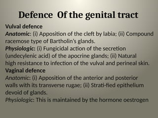 Defence Of the genital tract
Vulval defence
Anatomic: (i) Apposition of the cleft by labia; (ii) Compound
racemose type of Bartholin’s glands.
Physiologic: (i) Fungicidal action of the secretion
(undecylenic acid) of the apocrine glands; (ii) Natural
high resistance to infection of the vulval and perineal skin.
Vaginal defence
Anatomic: (i) Apposition of the anterior and posterior
walls with its transverse rugae; (ii) Strati-fied epithelium
devoid of glands.
Physiologic: This is maintained by the hormone oestrogen
 