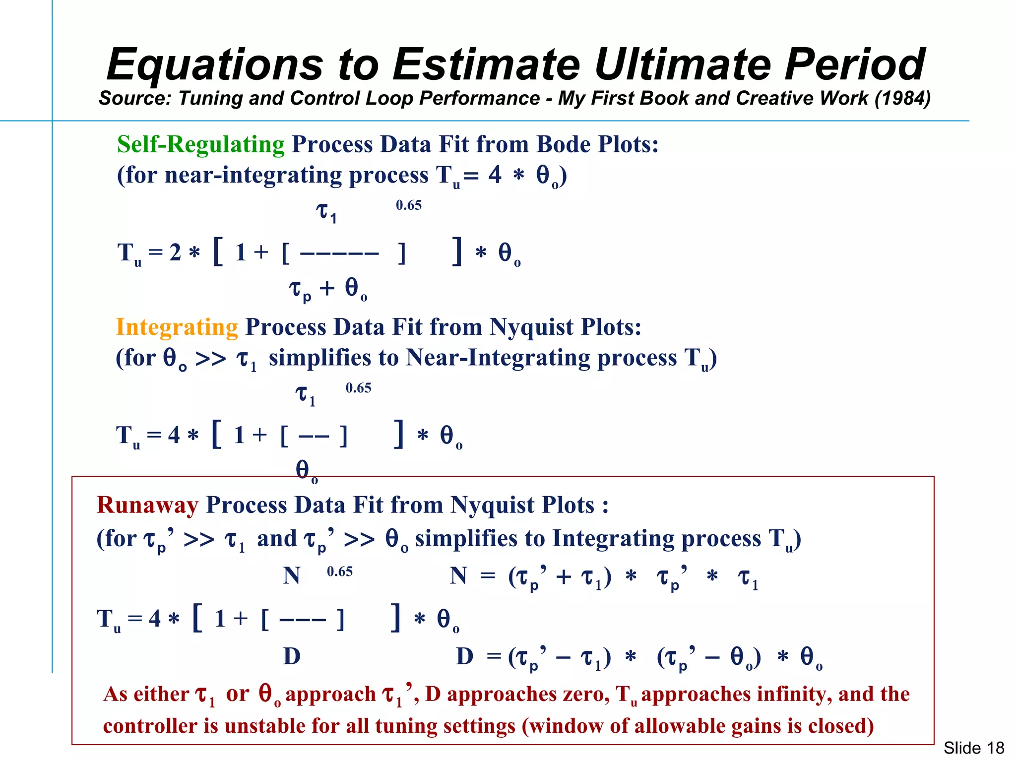 Integrating  Process Data Fit from Nyquist Plots: (for   o   simplifies to Near-Integrating process T u )      0.65   T u  = 4     1 +     o  o Runaway  Process Data Fit from Nyquist Plots :  (for   p ’   and   p ’   simplifies to Integrating process T u ) N  0.65   N  =  (  p ’   )   p ’     T u  = 4     1 +     o D  D  = (  p ’   )   (  p ’  o )   o As either     or  o  approach    ’ , D approaches zero, T u  approaches infinity, and the controller is unstable for all tuning settings (window of allowable gains is closed) Equations to Estimate Ultimate Period Source: Tuning and Control Loop Performance - My First Book and Creative Work (1984) Self-Regulating   Process Data Fit from Bode Plots: (for near-integrating process T u   o )  1    0.65   T u  = 2     1 +     o    p  o 