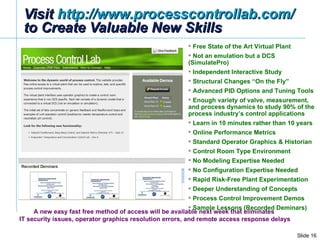 Visit  http://www.processcontrollab.com/   to Create Valuable New Skills Free State of the Art Virtual Plant Not an emulation but a DCS (SimulatePro) Independent Interactive Study Structural Changes “On the Fly” Advanced PID Options and Tuning Tools Enough variety of valve, measurement, and process dynamics to study 90% of the process industry’s control applications Learn in 10 minutes rather than 10 years Online Performance Metrics Standard Operator Graphics & Historian Control Room Type Environment  No Modeling Expertise Needed No Configuration Expertise Needed Rapid Risk-Free Plant Experimentation Deeper Understanding of Concepts Process Control Improvement Demos Sample Lessons (Recorded Deminars) A new easy fast free method of access will be available next week that eliminates  IT security issues, operator graphics resolution errors, and remote access response delays 