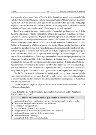 © UOC 100 Trastorns d’aprenentatge de la lectura
a pronunciar alguns sons? Quines? Omet o distorsiona algunes parts de les paraules? Ha
rebut reeducació logopèdica per a millorar aquestes dificultats? Quant de temps fa, d’això?
Quins van ser-ne els resultats? Com que moltes de les dificultats de parla i llenguatge
es poden associar a dificultats auditives, és important preguntar: Se li han fet exàmens
audiològics? Quin va ser-ne el resultat? El nen ha patit otitis de repetició?
En els seus inicis la lectura és molt sensible, i és per això que la reconstrucció de la
història educativa és vital. Es pot explorar a través de preguntes com: Quan va comen-
çar a anar a l’escola? Què recorda del procés d’aprenentatge de la lectura? Què en van dir els
professors?, etc. Els nens generalment saben moltes coses de la lectura i dels codis escrits
abans de l’ensenyament formal de la lectura. A aquest conjunt de coneixements i ha-
bilitats se’ls denomina alfabetisme emergent o inicial. S’han estudiat àmpliament les
condicions que afavoreixen la lectura. Entre aquestes condicions hi ha el nivell edu-
catiu dels pares, el contacte dels nens amb els mitjans impresos, l’ús del llenguatge a
casa i les activitats de lectura conjunta (Flórez, Restrepo i Schwanenflugel, 2007; Gos-
wami, Neuman i Dickinson, 2001). Aquestes condicions remeten a preguntes dirigides
als pares sobre els seus hàbits de lectura, la disponibilitat de llibres i revistes a casa, els
jocs preferits del nen i les activitats quotidianes compartides de la família. De la ma-
teixa manera, reconstruir la història de les dificultats de lectura i les actituds dels pa-
res, dels professors i dels nens davant d’aquestes afavoreix la comprensió de les dinà-
miques en les quals s’involucra el nen i quines han de ser les prioritats terapèutiques.
També és recomanable indagar en les fortaleses del nen, els seus passatemps i els
seus interessos. Conèixer les fonts de motivació, les metes i les expectatives ajudarà
a comprendre les millors maneres de retroalimentar-lo i recompensar-lo durant les
sessions de reeducació.
També es poden explorar aspectes relacionats amb l’ambient escolar, tal com
s’il·lustra a la taula 2:
Taula 2.
Factors de l’ambient escolar que afecten el rendiment lector
 