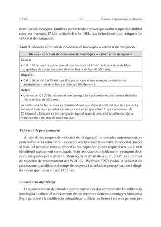 © UOC 112 Trastorns d’aprenentatge de la lectura
nominació fonològica. També es poden trobar proves que avaluen aquesta habilitat
com, per exemple, l’ALE1, la Sicole-R o la IDEL, que la inclouen sota l’etiqueta de
velocitat de designació.
Taula 9.
Mesures informals de denominació fonològica o velocitat de designació
Colors:
Objectes:
Lletres:
Velocitat de processament
A més de les tasques de velocitat de designació esmentades anteriorment, es
poden avaluar la velocitat visuoperceptiva, la velocitat auditiva, la velocitat d’accés
al lèxic i el temps de reacció, entre d’altres. Aquestes tasques requereixen que el nen
identifiqui ràpidament els estímuls, facin associacions ràpidament i prenguin deci-
sions adequades per a passar a l’ítem següent (Shanahan et al., 2006). La subprova
de velocitat de processament del WISC IV (Wechsler, 1997) avalua la velocitat de
processament analitzant el temps de resposta i la velocitat perceptiva, i està dirigi-
da a nens que tenen entre 6 i 17 anys.
Consciència alfabètica
El reconeixement de paraules escrites involucra dos components: la codificació
fonològica (utilitzar el coneixement de les correspondències fonema-grafema per a
llegir paraules) i la codificació ortogràfica (utilitzar les lletres i els seus patrons per
 