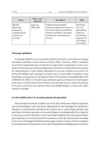 © UOC 117 Avaluació i identificació de les necessitats ...
Prova
Autor, any,
editorial
Descripció Edat
Escritura
Principi alfabètic
El principi alfabètic és un excel·lent predictor de l’èxit en la lectura en llengua
castellana (Lara-Díaz, Gómez-Fonseca, García, Niño i Guerrero, 2010) i consisteix
en el fet de comprendre que els fonemes es representen en grafemes. A més, cons-
titueix el fonament per al desenvolupament d’un bon reconeixement de les parau-
les. Informalment, es pot avaluar demanant al nen que escrigui el seu nom i les
lletres de l’alfabet, que reconegui les lletres que se li presenten visualment i que
identifiqui una paraula en una sopa de lletres. Hi ha proves estandarditzades com
el PROLEC-R, l’IDEL o el Secole-R que inclouen aquesta avaluació. És molt impor-
tant veure si el nen coneix totes les lletres tant pel que fa al seu nom com pel que
fa al seu so, així com veure quines lletres són problemàtiques o tenen una repre-
sentació inestable.
La descodificació i el reconeixement de paraules
D’acord amb la teoria de la doble ruta hi ha dos camins per a llegir les paraules:
una ruta fonològica i una ruta lèxica. Mitjançant la ruta fonològica, els grafemes i
fonemes es converteixen serialment, de manera que es poden llegir paraules que
mai s’han vist abans, paraules en una altra llengua i pseudoparaules. Per a llegir-les
és necessari conèixer les lletres i tenir unes bones habilitats de consciència fonolò-
gica; tanmateix, el reconeixement de la paraula a través del coneixement fonològic
no ha de ser l’estratègia dominant durant gaire temps. Cal que el lector reemplaci
el reconeixement de la paraula a través de les habilitats fonològiques pel reconeixe-
 