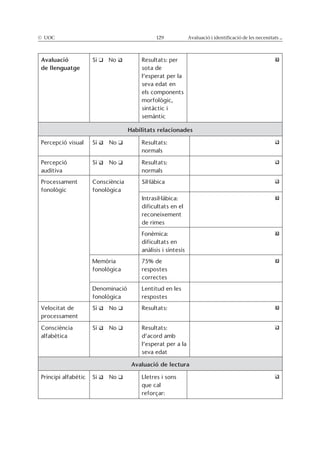© UOC 129 Avaluació i identificació de les necessitats ...
Avaluació
de llenguatge sota de
Habilitats relacionades
dificultats en el
dificultats en
correctes
Velocitat de
Avaluació de lectura
 