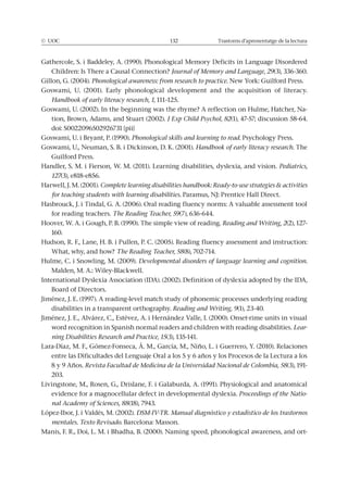 © UOC 132 Trastorns d’aprenentatge de la lectura
Gathercole, S. i Baddeley, A. (1990). Phonological Memory Deficits in Language Disordered
Children: Is There a Causal Connection? Journal of Memory and Language, 29(3), 336-360.
Gillon, G. (2004). Phonological awareness: from research to practice. New York: Guilford Press.
Goswami, U. (2001). Early phonological development and the acquisition of literacy.
Handbook of early literacy research, 1, 111–125.
Goswami, U. (2002). In the beginning was the rhyme? A reflection on Hulme, Hatcher, Na-
tion, Brown, Adams, and Stuart (2002). J Exp Child Psychol, 82(1), 47-57; discussion 58-64.
doi: S0022096502926731 [pii]
Goswami, U. i Bryant, P. (1990). Phonological skills and learning to read. Psychology Press.
Goswami, U., Neuman, S. B. i Dickinson, D. K. (2001). Handbook of early literacy research. The
Guilford Press.
Handler, S. M. i Fierson, W. M. (2011). Learning disabilities, dyslexia, and vision. Pediatrics,
127(3), e818-e856.
Harwell, J. M. (2001). Complete learning disabilities handbook: Ready-to-use strategies & activities
for teaching students with learning disabilities. Paramus, NJ: Prentice Hall Direct.
Hasbrouck, J. i Tindal, G. A. (2006). Oral reading fluency norms: A valuable assessment tool
for reading teachers. The Reading Teacher, 59(7), 636-644.
Hoover, W. A. i Gough, P. B. (1990). The simple view of reading. Reading and Writing, 2(2), 127-
160.
Hudson, R. F., Lane, H. B. i Pullen, P. C. (2005). Reading fluency assessment and instruction:
What, why, and how? The Reading Teacher, 58(8), 702-714.
Hulme, C. i Snowling, M. (2009). Developmental disorders of language learning and cognition.
Malden, M. A.: Wiley-Blackwell.
International Dyslexia Association (IDA). (2002). Definition of dyslexia adopted by the IDA,
Board of Directors.
Jiménez, J. E. (1997). A reading-level match study of phonemic processes underlying reading
disabilities in a transparent orthography. Reading and Writing, 9(1), 23-40.
Jiménez, J. E., Alvárez, C., Estévez, A. i Hernández Valle, I. (2000). Onset-rime units in visual
word recognition in Spanish normal readers and children with reading disabilities. Lear-
ning Disabilities Research and Practice, 15(3), 135-141.
Lara-Díaz, M. F., Gómez-Fonseca, Á. M., García, M., Niño, L. i Guerrero, Y. (2010). Relaciones
entre las Dificultades del Lenguaje Oral a los 5 y 6 años y los Procesos de la Lectura a los
8 y 9 Años. Revista Facultad de Medicina de la Universidad Nacional de Colombia, 58(3), 191-
203.
Livingstone, M., Rosen, G., Drislane, F. i Galaburda, A. (1991). Physiological and anatomical
evidence for a magnocellular defect in developmental dyslexia. Proceedings of the Natio-
nal Academy of Sciences, 88(18), 7943.
López-Ibor, J. i Valdés, M. (2002). DSM-IV-TR. Manual diagnóstico y estadístico de los trastornos
mentales. Texto Revisado. Barcelona: Masson.
Manis, F. R., Doi, L. M. i Bhadha, B. (2000). Naming speed, phonological awareness, and ort-
 