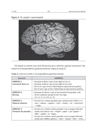 © UOC 149 Intervenció en la dislèxia
Tot seguit us oferim una sèrie d’exercicis per a afavorir aquesta associació i do-
minar la correspondència grafema-fonema (vegeu la taula 2).
Taula 2. Exercicis nivell 2: correspondència grafema-fonema
Exercicis EXEMPLES
EXERCICI 1:
associació lletra-so
– Ensenyar la lletra i que el nen digui el seu so.
– Ensenyar la lletra i que el nen digui el seu nom.
– Dir el so i que el nen n’identifiqui la representació gràfica.
– Dir el nom i que el nen n’identifiqui la representació gràfica.
EXERCICI 2:
lletreig
– Ensenyar les lletres i que el nen pronunciï la paraula, o bé
dir-les oralment perquè el nen l’escrigui.
/k/ /ə/ /r/ /ə/ /m/ /ε/ /l/
EXERCICI 3:
fluència fonètica
– Escriure en x minuts paraules que comencin per la lletra <r>:
rata – rodona – raqueta – riure – rombe – riu – rinoceront
– regla...
EXERCICI 4:
formació de paraules
– Escriure en x minuts tantes paraules com es pugui utilitzant
només unes lletres: ma – miquel – paper – pa– paquet –
taller – paella – te –mapa...
– Escriure en x minuts tantes paraules com es pugui utilitzant
només unes síl·labes: guitarra – carrer – aranya – mare – cirera ...
Figura 3. Gir angular i supramarginal
 