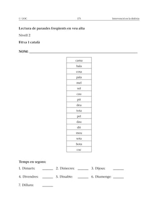 © UOC 175 Intervenció en la dislèxia
Lectura de paraules freqüents en veu alta
Nivell 2
Fitxa 1 català
NOM: ___________________________________________________
cama
bala
cosa
pala
mel
sol
cau
pit
deu
tota
pel
dau
dit
meu
sota
bota
cuc
Temps en segons:
1. Dimarts: _____ 2. Dimecres: _____ 3. Dijous: _____
4. Divendres: _____ 5. Dissabte: _____ 6. Diumenge: _____
7. Dilluns: _____
 