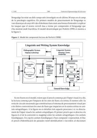 © UOC 200 Trastorns d’aprenentatge de la lectura
llenguatge ha estat un dels camps més investigats en els últims 50 anys en el camp
de la psicologia cognitiva. Els primers models de processament de llenguatge es
van dissenyar als anys 60 i des d’aleshores han estat una forma d’entendre i explicar
les tasques que el nostre cervell duu a terme per comprendre el llenguatge que
la figura 1.
input visual, és a dir,
resta de circuits neuronals que constitueixen el sistema de processament visual per
a les lletres converteixen les ones de llum que impacten en la nostra retina en uni-
tats ortogràfiques. A la figura no es detallen tots aquests processos i es va directa-
ment de l’input visual a les unitats ortogràfiques. El primer procés que es descriu a la
figura és el de la conversió (o mapping) entre les unitats ortogràfiques i les unitats
el procés d’identificació de paraules (word identification) i s’accedeix al diccionari
Figura 1. Model de comprensió lectora de Perfetti (1998)
 