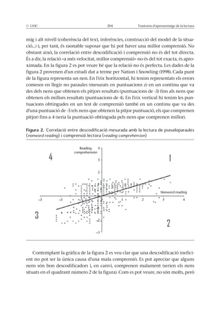 © UOC 204 Trastorns d’aprenentatge de la lectura
mig i alt nivell (coherència del text, inferències, construcció del model de la situa-
ció…) i, per tant, és raonable suposar que hi pot haver una millor comprensió. No
-
ximada. En la figura 2 es pot veure bé que la relació no és perfecta. Les dades de la
de la figura representa un nen. En l’eix horitzontal, hi tenim representats els errors
comesos en llegir no paraules (mesurats en puntuacions z) en un continu que va
des dels nens que obtenen els pitjors resultats (puntuacions de -3) fins als nens que
obtenen els millors resultats (puntuacions de 4). En l’eix vertical hi tenim les pun-
tuacions obtingudes en un test de comprensió també en un continu que va des
d’una puntuació de -3 (els nens que obtenen la pitjor puntuació, els que comprenen
pitjor) fins a 4 (seria la puntuació obtinguda pels nens que comprenen millor).
Contemplant la gràfica de la figura 2 es veu clar que una descodificació inefici-
ent no pot ser la única causa d’una mala comprensió. Es pot apreciar que alguns
nens són bon descodificadors i, en canvi, comprenen malament (serien els nens
Figura 2. Correlació entre descodificació mesurada amb la lectura de pseudoparaules
(nonword reading) i comprensió lectora (reading comprehension)
 