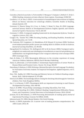 © UOC 232 Trastorns d’aprenentatge de la lectura
(2006). Reading cinnamon activates olfactory brain regions. Neuroimage; 15:906-912.
Journal of Cognitive Neuroscience. Vol 23, 325-337.
cognitive sciences, 15(1), 3-10.
Remedial and
Special Education, vol. 7, 6-10.
Journal of Learning Disabilities, 43
-
Neuron. Vol. 41 pp. 301-307.
for Non-native University student: An Empirical Investigation. Applied Linguistics, vol 17,
145-163.
-
Child development 52
Developmental Psychology, 33
The psychology and pedagogy of reading
. Journal of
Experimental Psychology
The
ASHA Leader, 12(13), 40.
 