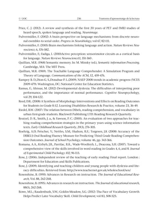 © UOC 236 Trastorns d’aprenentatge de la lectura
Neuroimage.
Pulvermüller, F. (2002) A brain perspective on language mechanisms: from discrete neuro-
nal esembles to serial order. Progress in Neurobiology, vol 67, 82-111.
Nature Reviews Neu-
roscience, 6, 576-582.
for language. Nature Reviews Neuroscience11, 351-360 .
Semantic information Processing.
Cambridge, MA: The MIT Press.
Theory of Language. Communications of the AC
performance, and the importance of normal performance. Cognitive Neuropsychology,
-
hing reading comprehension strategies in the primary years using science information
texts. Early Childhood Research Quarterly, 20(3), 276-305.
-
sion Outcomes. Journal of School Psychology, volume 46, pp. 343-366.
. Journal
of Experimental Child Psichology 102,
-
racy difficulties. Retrieved from:
The Journal of Educational Rese-
arch, Vol. 88, 262-268.
The Journal of educational research,
88(5), 262-268.
Child Development, vol 83, 508-525.
 