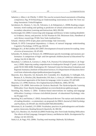 © UOC 237 La comprensió lectora
-
ding Assessment. United Kingdom.
-
secondary education. Learning and Instruction, 18(2), 201-210.
-
Handbook of
early literacy research
Scripts, plans and knowledge. Yale University.
Annu-
al review of neuroscience, 30, 475-503.
-
Journal of Educational Psy-
chology, Vol. 81 (3) 306-312.
-
Improving reading comprehension in kindergarten through 3rd
grade: A practice
guide
-
the functional oganizatin of the brain for language. Letter to nature,
New England Journal of Medicine, 338(5), 307-312.
Intervention for Dyslexia.
me 81 pages 1-23.
Journal of Child Psychology
and Psychiatry
-
garten classrooms. Reading Research Quarterly, 45, 318-334.
Developmental Psy-
chology, vol 4(1) 225-234.
Teaching word meanings.
 