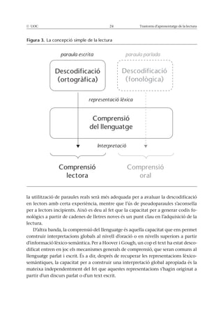 © UOC 24 Trastorns d’aprenentatge de la lectura
la utilització de paraules reals serà més adequada per a avaluar la descodificació
en lectors amb certa experiència, mentre que l’ús de pseudoparaules s’aconsella
per a lectors incipients. Això es deu al fet que la capacitat per a generar codis fo-
nològics a partir de cadenes de lletres noves és un punt clau en l’adquisició de la
lectura.
D’altra banda, la comprensió del llenguatge és aquella capacitat que ens permet
construir interpretacions globals al nivell d’oració o en nivells superiors a partir
d’informació lèxico-semàntica. Per a Hoover i Gough, un cop el text ha estat desco-
dificat entren en joc els mecanismes generals de comprensió, que seran comuns al
llenguatge parlat i escrit. És a dir, després de recuperar les representacions lèxico-
semàntiques, la capacitat per a construir una interpretació global apropiada és la
mateixa independentment del fet que aquestes representacions s’hagin originat a
partir d’un discurs parlat o d’un text escrit.
Figura 3. La concepció simple de la lectura
paraula escrita paraula parlada
Descodificació
(ortogràfica)
Descodificació
(fonològica)
Comprensió
del llenguatge
Comprensió
lectora
Comprensió
oral
representació lèxica
Interpretació
 