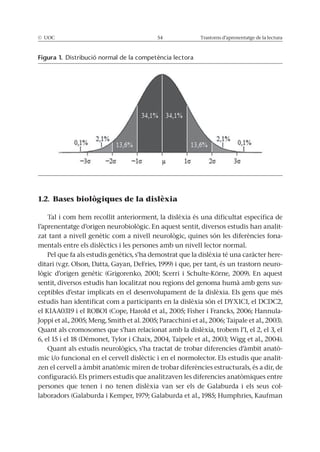 © UOC 54 Trastorns d’aprenentatge de la lectura
1.2. Bases biològiques de la dislèxia
Tal i com hem recollit anteriorment, la dislèxia és una dificultat específica de
l’aprenentatge d’origen neurobiològic. En aquest sentit, diversos estudis han analit-
zat tant a nivell genètic com a nivell neurològic, quines són les diferències fona-
mentals entre els dislèctics i les persones amb un nivell lector normal.
Pel que fa als estudis genètics, s’ha demostrat que la dislèxia té una caràcter here-
ditari (v.gr. Olson, Datta, Gayan, DeFries, 1999) i que, per tant, és un trastorn neuro-
lògic d’origen genètic (Grigorenko, 2001; Scerri i Schulte-Körne, 2009). En aquest
sentit, diversos estudis han localitzat nou regions del genoma humà amb gens sus-
ceptibles d’estar implicats en el desenvolupament de la dislèxia. Els gens que més
estudis han identificat com a participants en la dislèxia són el DYX1C1, el DCDC2,
el KIAA0319 i el ROBO1 (Cope, Harold et al., 2005; Fisher i Francks, 2006; Hannula-
Joppi et al., 2005; Meng, Smith et al. 2005; Paracchini et al., 2006; Taipale et al., 2003).
Quant als cromosomes que s’han relacionat amb la dislèxia, trobem l’1, el 2, el 3, el
6, el 15 i el 18 (Démonet, Tylor i Chaix, 2004, Taipele et al., 2003; Wigg et al., 2004).
Quant als estudis neurològics, s’ha tractat de trobar diferencies d’àmbit anatò-
mic i/o funcional en el cervell dislèctic i en el normolector. Els estudis que analit-
zen el cervell a àmbit anatòmic miren de trobar diferències estructurals, és a dir, de
configuració. Els primers estudis que analitzaven les diferencies anatòmiques entre
persones que tenen i no tenen dislèxia van ser els de Galaburda i els seus col-
laboradors (Galaburda i Kemper, 1979; Galaburda et al., 1985; Humphries, Kaufman
Figura 1. Distribució normal de la competència lectora
 