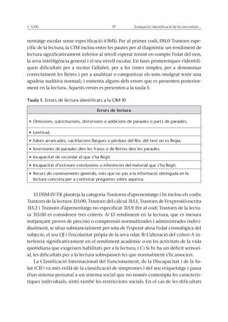 © UOC 97 Avaluació i identificació de les necessitats ...
nentatge escolar sense especificació (OMS). Per al primer codi, F81.0 Trastorn espe-
cífic de la lectura, la CIM inclou entre les pautes per al diagnòstic un rendiment de
lectura significativament inferior al nivell esperat tenint en compte l’edat del nen,
la seva intel·ligència general i el seu nivell escolar. En fases primerenques s’identifi-
quen dificultats per a recitar l’alfabet, per a fer rimes simples, per a denominar
correctament les lletres i per a analitzar o categoritzar els sons (malgrat tenir una
agudesa auditiva normal), i esmenta alguns dels errors que es presenten posterior-
ment en la lectura. Aquests errors es presenten a la taula 1:
Taula 1. Errors de lectura identificats a la CIM-10
Errors de lectura
El DSM-IV-TR planteja la categoria Trastorns d’aprenentatge i hi inclou els codis:
Trastorn de la lectura 315.00, Trastorn del càlcul 315.1, Trastorn de l’expressió escrita
315.2 i Trastorn d’aprenentatge no especificat 315.9. Per al codi Trastorn de la lectu-
ra 315.00 es consideren tres criteris: A) El rendiment en la lectura, que es mesura
mitjançant proves de precisió o comprensió normalitzades i administrades indivi-
dualment, se situa substancialment per sota de l’esperat atesa l’edat cronològica del
subjecte, el seu QI i l’escolaritat pròpia de la seva edat; B) L’alteració del criteri A in-
terfereix significativament en el rendiment acadèmic o en les activitats de la vida
quotidiana que exigeixen habilitats per a la lectura, i C) Si hi ha un dèficit sensori-
al, les dificultats per a la lectura sobrepassen les que normalment s’hi associen.
La Classificació Internacional del Funcionament, de la Discapacitat i de la Sa-
lut (CIF) va més enllà de la classificació de símptomes i del seu etiquetatge i passa
d’un sistema personal a un sistema social que no només contempla les caracterís-
tiques individuals, sintó també les restriccions socials. En el cas de les dificultats
 