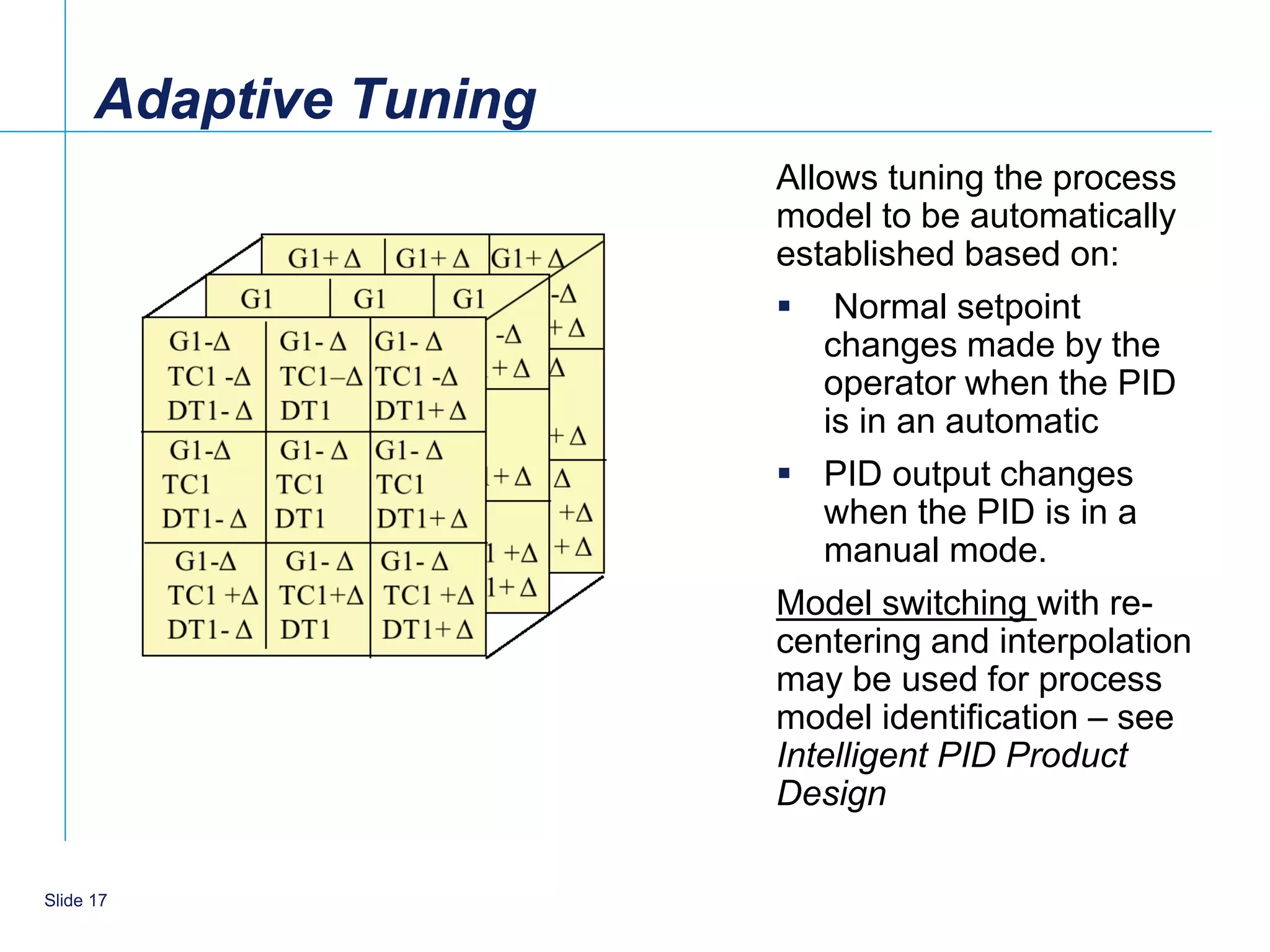 Adaptive Tuning
                        Allows tuning the process
                        model to be automatically
                        established based on:
                         Normal setpoint
                           changes made by the
                           operator when the PID
                           is in an automatic
                         PID output changes
                           when the PID is in a
                           manual mode.
                        Model switching with re-
                        centering and interpolation
                        may be used for process
                        model identification – see
                        Intelligent PID Product
                        Design

    17
Slide 17
 